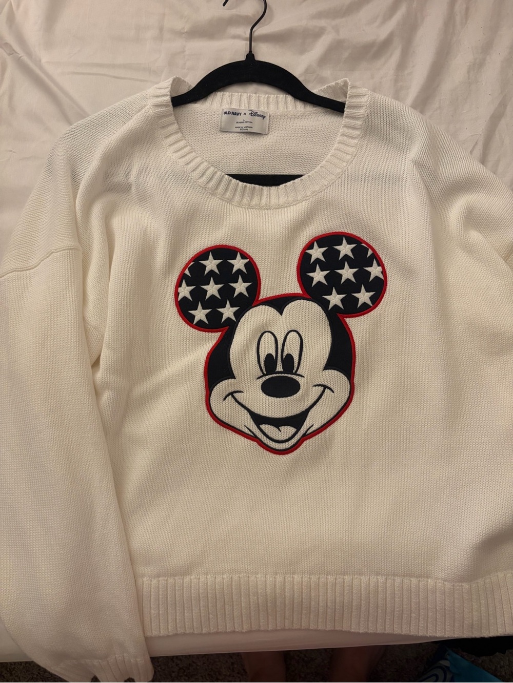 Old Navy White Mickey Mouse Crewneck Sweater with Navy & Red Accents